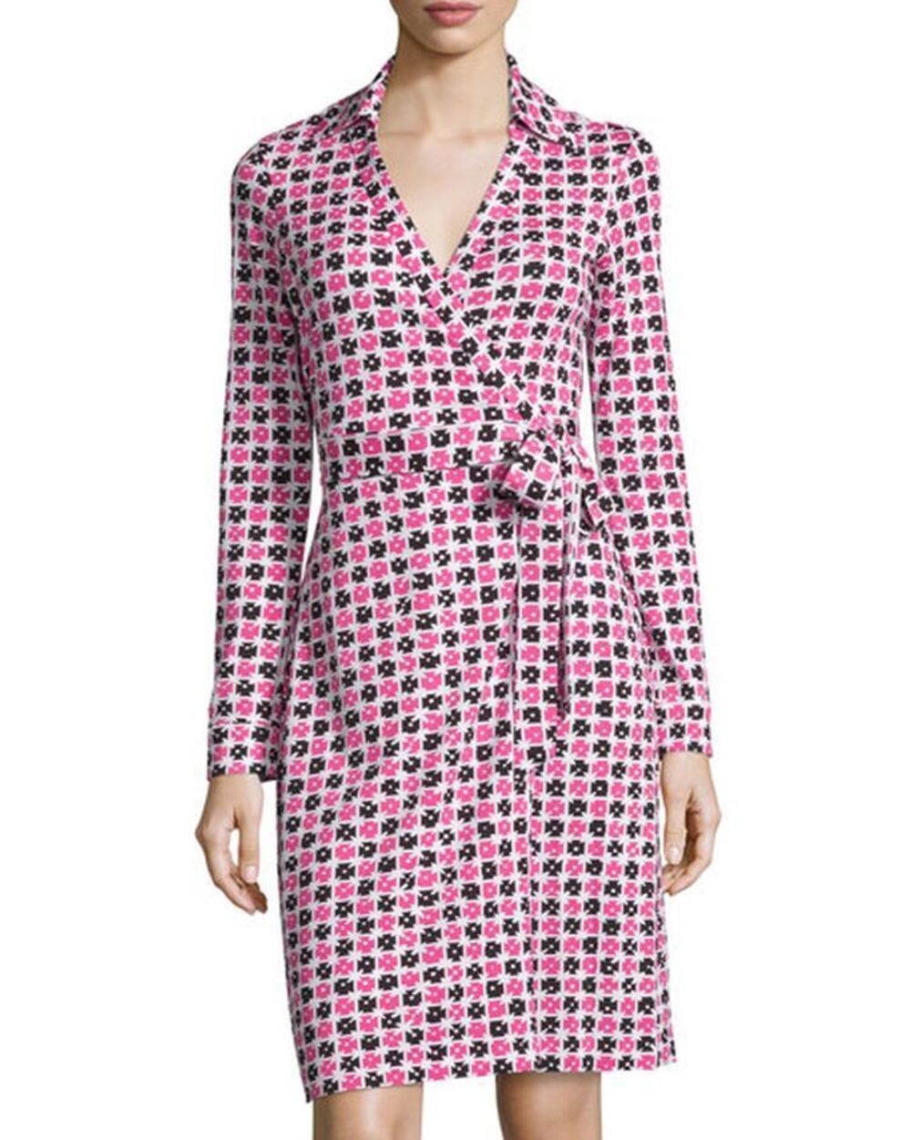 Diane von Furstenberg DVF NWT Jeanne Pink & Black Print Long Sleeve Wrap Dress